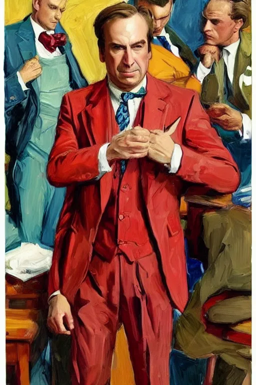 Image similar to saul goodman in colorful suit, painting by jc leyendecker!!, angular, brush strokes, painterly, vintage, crisp