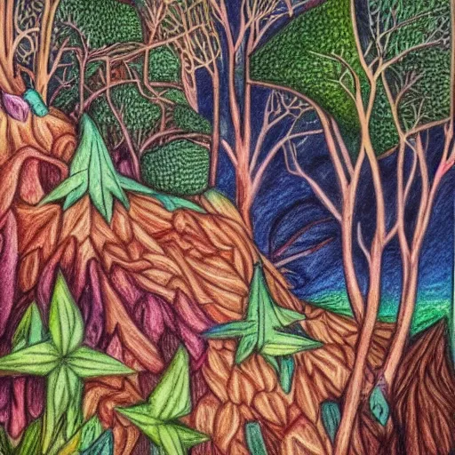 Image similar to Colored pencil art on paper, highly detailed, artstation, People, Plants and Trees, Animals, Magical Creatures, buildings, scenery, enchanted landscapes, PrismaColor