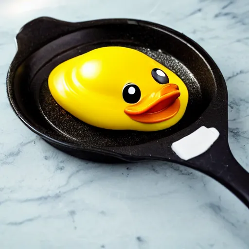 Prompt: an egg in a fry pan looking like a rubber duck