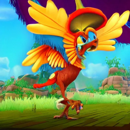 Image similar to screenshot of a humanoid anthropomorphic griffin bard with a feather in its cap as an enemy in spyro the dragon video game, with playstation 1 graphics, activision blizzard, upscaled to high resolution