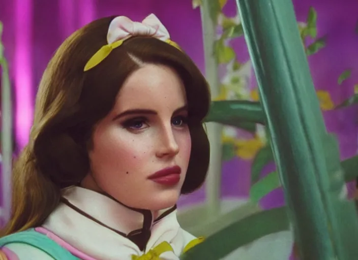 Image similar to a film still closeup of lana del rey in willy wonka and the chocolate factory