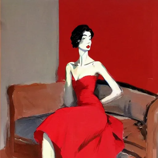 Prompt: a saturday post illustration of a french fashion model posing in a red dress by coby whitmore