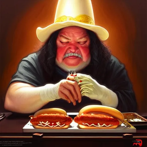 Prompt: William Penn eating Hot Dogs, dripping BBQ Sauce, serving big macs, D&D, spilling ketchup, fantasy, intricate, elegant, highly detailed, digital painting, artstation, concept art, matte, sharp focus, illustration, hearthstone, art by Artgerm and Greg Rutkowski and Alphonse Mucha