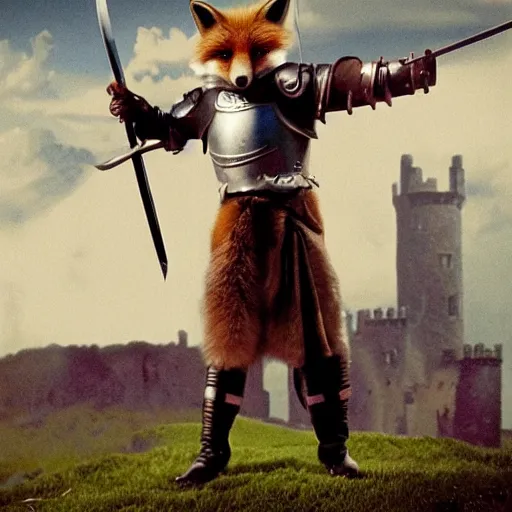 Image similar to anthropomorphic!!! fox!! who is a medieval knight holding a sword towards a stormy thundercloud 1 9 3 0 s film still, castle in the background