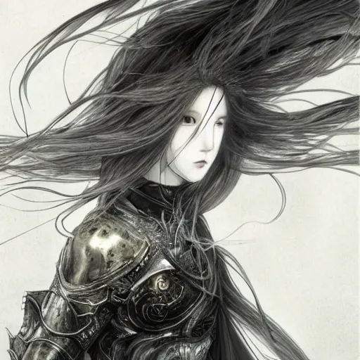 Image similar to Yoshitaka Amano blurred and dreamy illustration of an anime girl with wavy white hair fluttering in the wind and cracks on her face wearing elden ring armour with the cloak, abstract black and white patterns on the background, noisy film grain effect, highly detailed, Renaissance oil painting, weird portrait angle