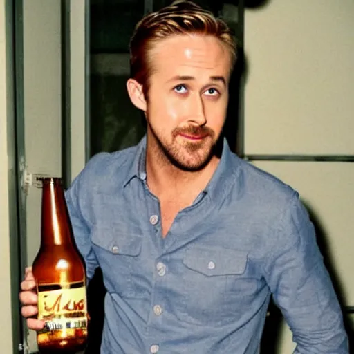 Prompt: ryan gosling drinking beer, high quality photo