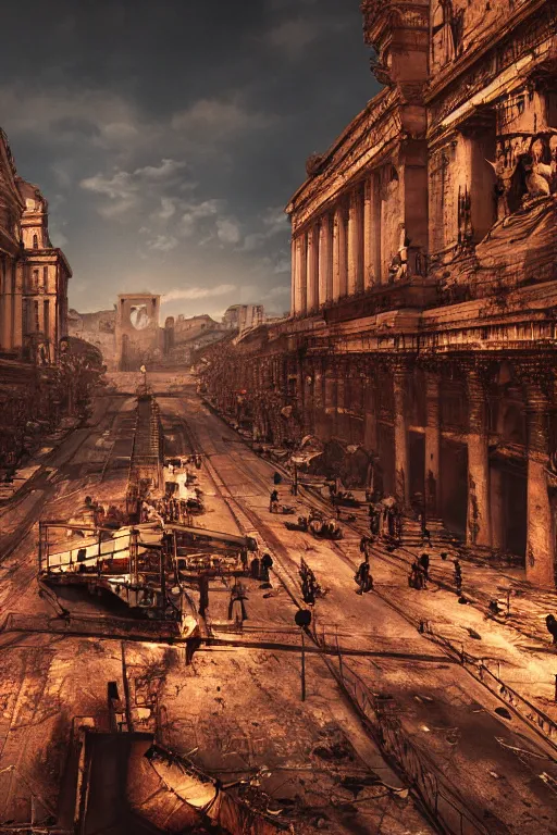 Prompt: rome after a fallout, wide angle, redscale photography, dramatic lighting, photorealistic, cinematic lighting, high detail, cinematic feel, high octane, 4 k, unreal engine, digital render, intricate, ultra realistic, concept art