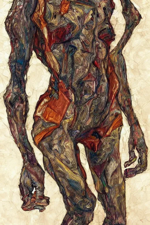 Image similar to a full body character with lifted arms in style of herakut and egon schiele, masterpiece, centered, hyperdetailed, complex, intricate, veiled, 4 k, dynamic!! trending on artstation,