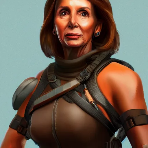 Image similar to Nancy Pelosi as Lara Croft, digital art, artstation, cgsociety, 4k, hyper-detailed