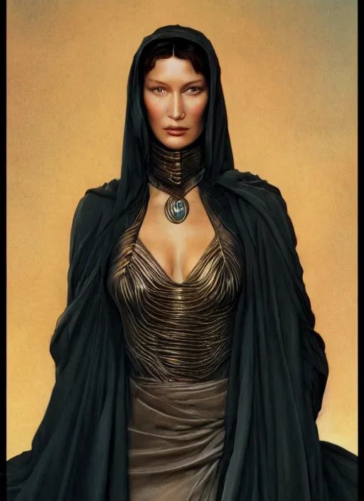 Image similar to upper body portrait of bella hadid as gaius helen mohiam bene gesserit mother in dune 1982, by norman rockwell and jason fabok and tom lovell and frank schoonover and dean cornwell and everett raymond kinstler