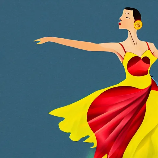 Prompt: beautiful modern dancer wearing a red and yellow swirling dress, dancing in a sea of wild ocean waves, trending on Artstation, cinematic