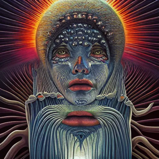 Image similar to THE QUEEN OF THE SUN by jacek yerka, alex gray, zdzisław beksiński, dariusz zawadzki, jeffrey smith and h.r. giger, oil on canvas, 8k highly professionally detailed, trending on artstation