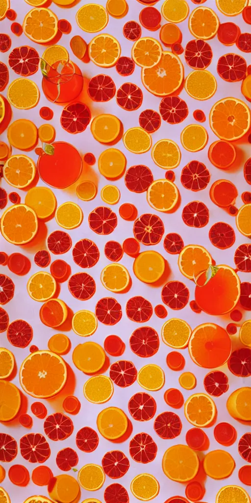 Image similar to a seamless repeating pattern of campari and oranges, colourful, symmetrical, repeating 3 5 mm photography, in the style of toiletpaper magazine, surreal, high detail, photograph by slim aarons, wes anderson,