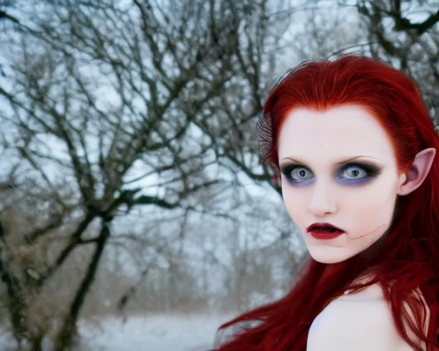 Image similar to award winning 5 5 mm close up face portrait photo of an anesthetic and beautiful redhead vampire elf lady who looks directly at the camera with bloodred wavy hair, intricate eyes that look like gems and long sharp fangs, in a park by luis royo. rule of thirds.