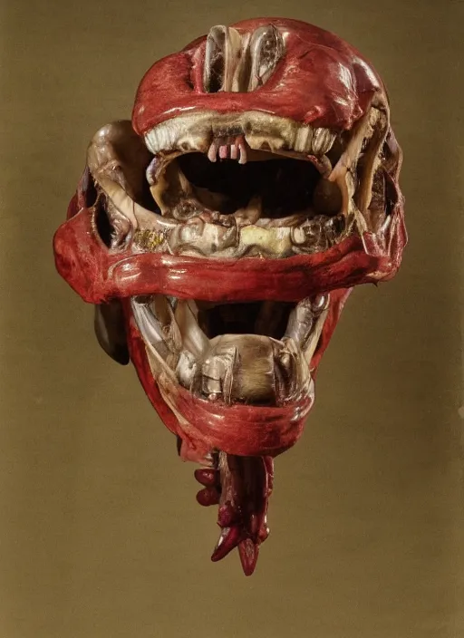 Prompt: a teratoma with crooked mouth and teeth on a plinth in the middle of a museum room realizing that he has consciousness painted by hopper and giger