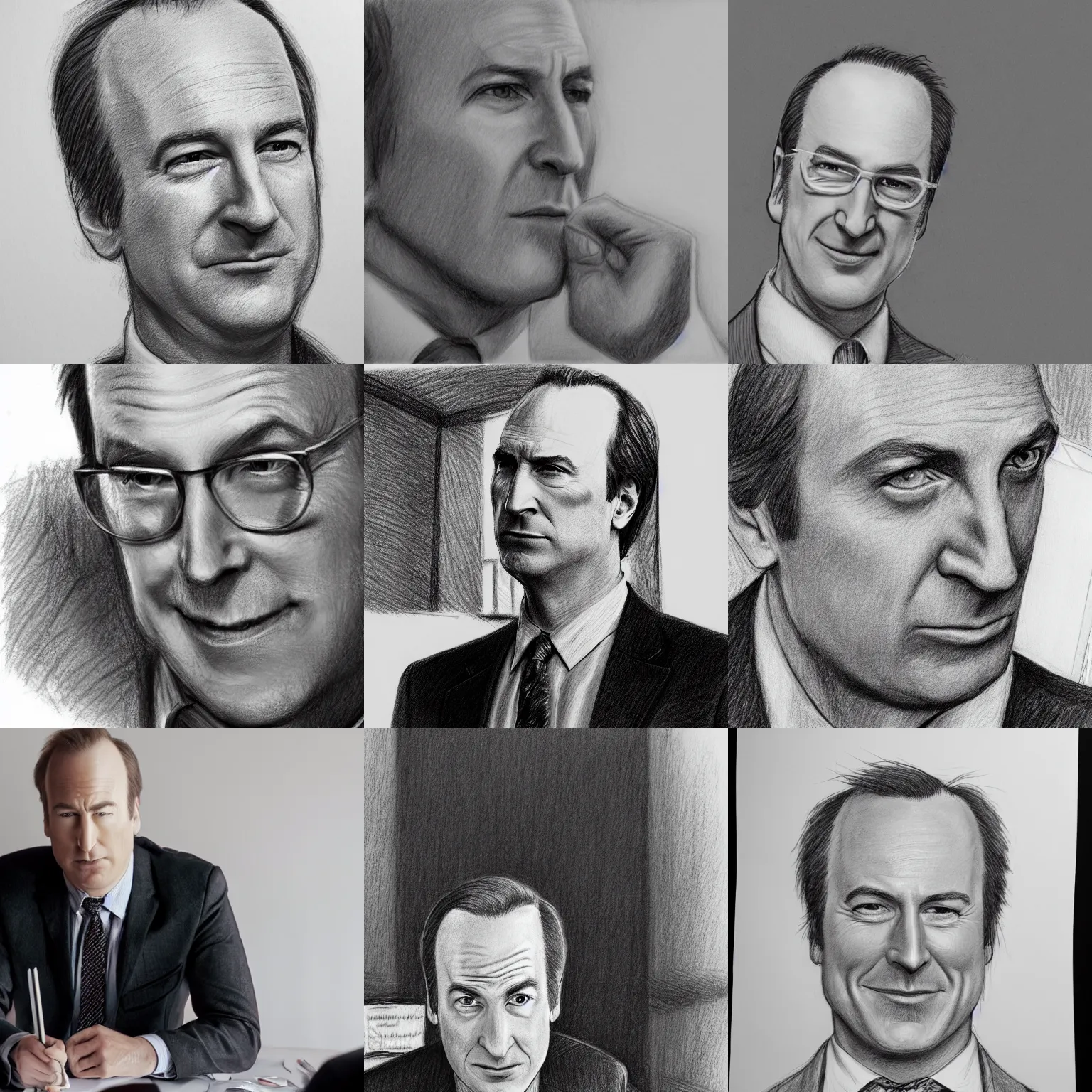 Prompt: detailed pencil sketch of bob odenkirk in a suit at a desk, closeup