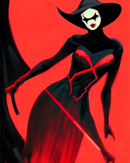 Image similar to rafael albuquerque comic art, peter mohrbacher, phil noto, artgerm, pretty evil elizabeth olson witch, black and red dress, symmetrical eyes