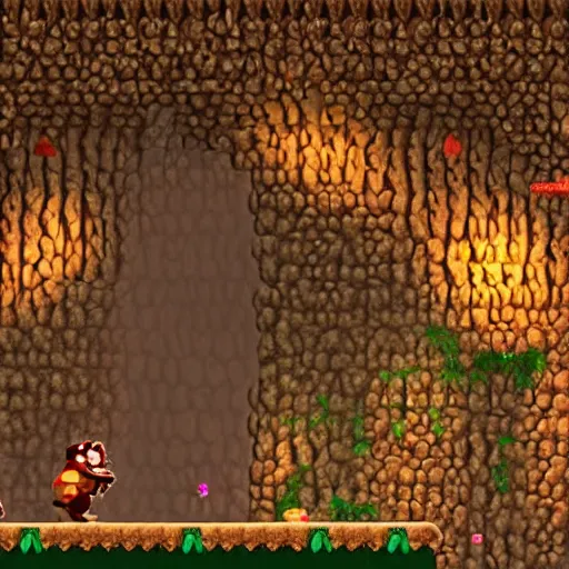 Prompt: Donkey Kong in a beautiful cave, with crystals on the walls.