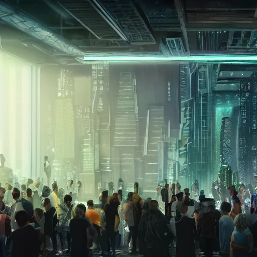 Image similar to large group people in a huge warehouse, looking at hologram of futuristic city on a table | cinematic concept art | godrays | 4 k | clear details | tabletop | tabletop | hologram foreground