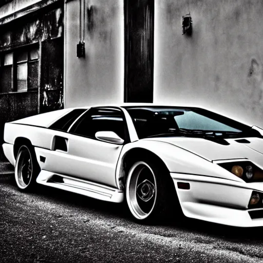 Prompt: black and white press photograph of a rusted abandoned lamborghini diablo on an empty abandoned city street, full view, detailed, natural light, mist, film grain, soft vignette, sigma 5 0 mm f / 1. 4 1 / 1 0 sec shutter, imax 7 0 mm footage