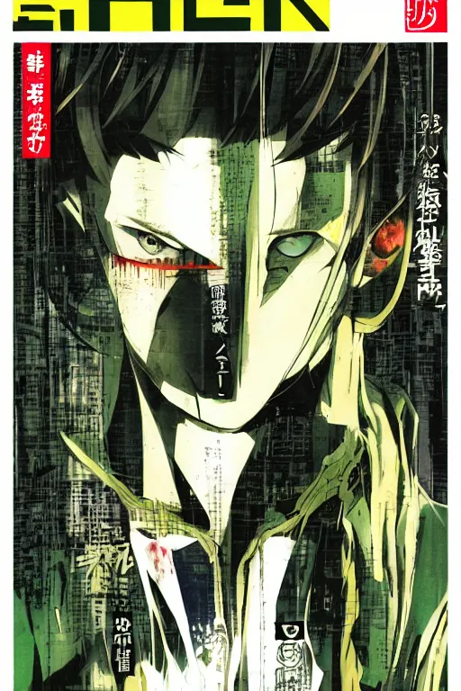 Prompt: professionally drawn seinen mature cyberpunk detective horror action manga comic cover, full color, beautifully drawn coherent professional, drawn by ilya kuvshinov, ilya kuvshinov, satoshi kon, kentaro miura and tsutomu nihei. japanese script kanji hiragana on the cover. simple minimalist stylized cover art. yellow green cel shaded