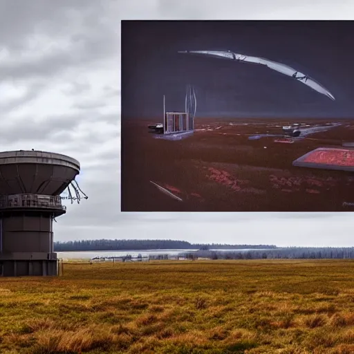 Prompt: abandoned cold war radar installation in a painting from stalenhag, 4 k, 8 k, hdr, art - station