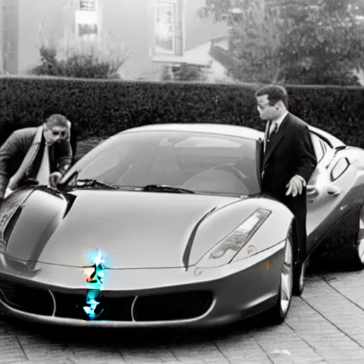 Prompt: man licking a Ferrari in front of the salesman, old school