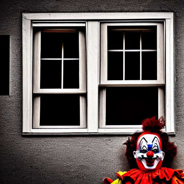 Image similar to far away shot of a scary clown looking through your window, highly detailed, 8 k, hdr, smooth, sharp focus, high resolution, award - winning photo