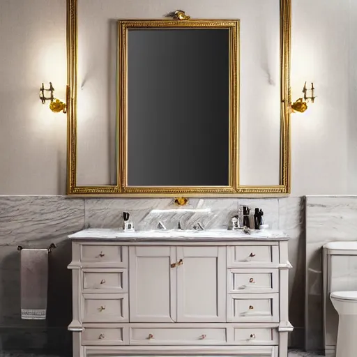 Image similar to a luxury bathroom vanity with makeup bottles, vogue magazine, photo, 4 k