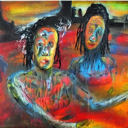 Image similar to artistic dirty art acrylic painting, paint brushstrokes and squeegeed dirty artwork, art by sandra herberstein, surreal, human figures, low tons colors, world leaders of terror 2 1 th century