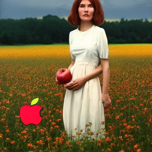 Image similar to a 1 9 7 7 beautiful woman and a 3 d rendering of an anthropomorphic apple in a meadow, color film still 1 9 7 7, tarkovsky