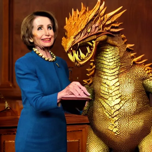 Prompt: Smaug the dragon from the Hobbit movies with Nancy Pelosi's head guarding her pile of treasure