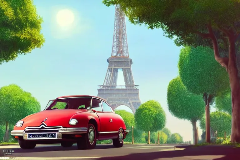 Prompt: a wholesome animation key shot of!! one!! focused! 1 9 7 4 citroen ds! in a tree lined paris street, view of eiffel tower, medium shot, studio ghibli, pixar and disney animation, sharp, very detailed, high resolution, rendered in unreal engine 5, anime key art by greg rutkowski, bloom, dramatic lighting