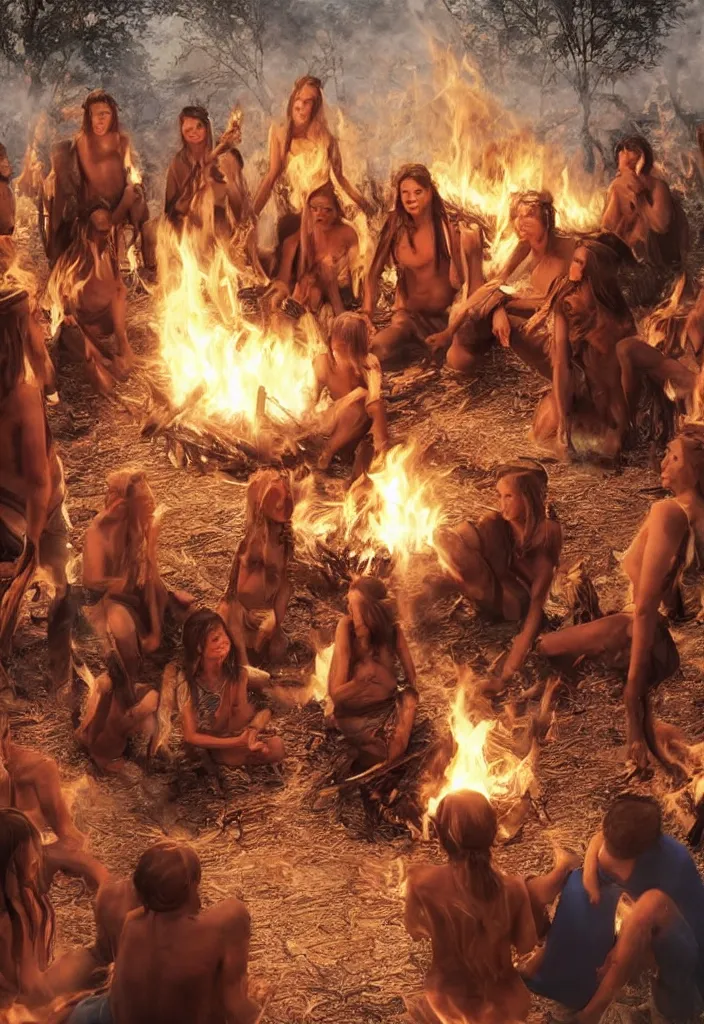 Image similar to realistic bonfire tribe gather with a pregnant woman as her leader, intense blue eyes, realistic, antartica