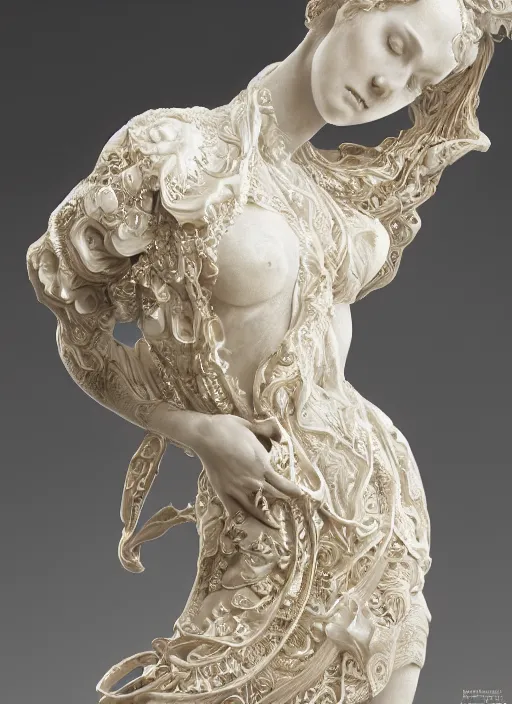 Image similar to romantic marble sculpture of beautiful woman, glistening, mandelbulb, masterpiece, rodin, michelangelo, hypercube, ivory carving, fractal paisley inlay, lace, intricate, elegant, highly detailed, gold inlay, metallic, ivory, artgerm, lace, by ruan jia and greg rutkowski