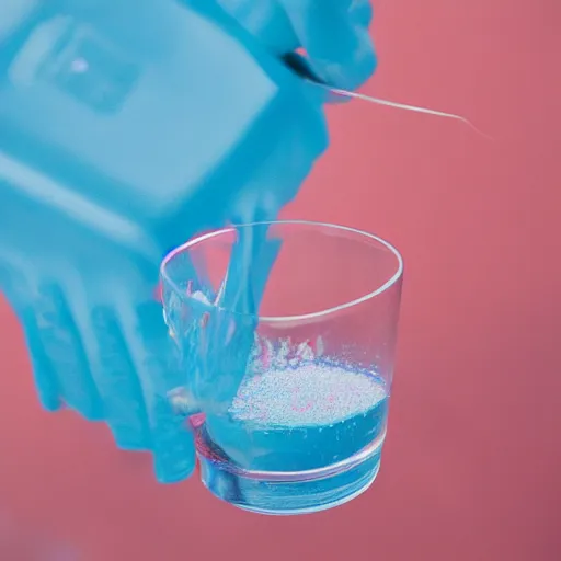 Prompt: photo of blue paint and pink paint being poured into a glass and mixing together cinestill, 8 0 0 t, 3 5 mm, full - hd