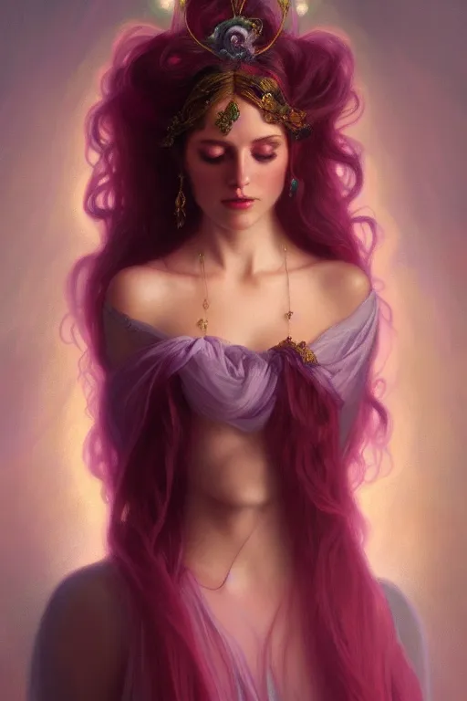 Prompt: ombre velvet gown, beautiful elegant dryad, portrait, dramatic light on face, long hair, tiara, dozens of jeweled necklaces, by greg rutkowski, brom, anato finnstark, alphonse mucha, oil painting, highly detailed, cinematic lighting, unreal,