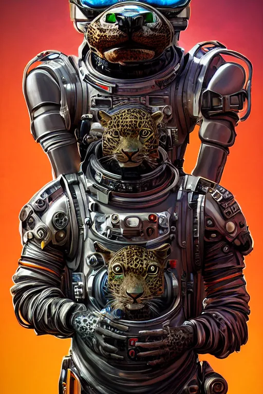 Image similar to a portrait of a muscular anthropomorphic cyberpunk leopard lizard with big head in spacesuit armor with ensignia on chest plate by sandra chevrier, by jon foster, detailed render, pistol in holster, tape deck, epic composition, cybernetics, 4 k realistic, cryengine, realistic shaded lighting, sharp focus, masterpiece, by enki bilal