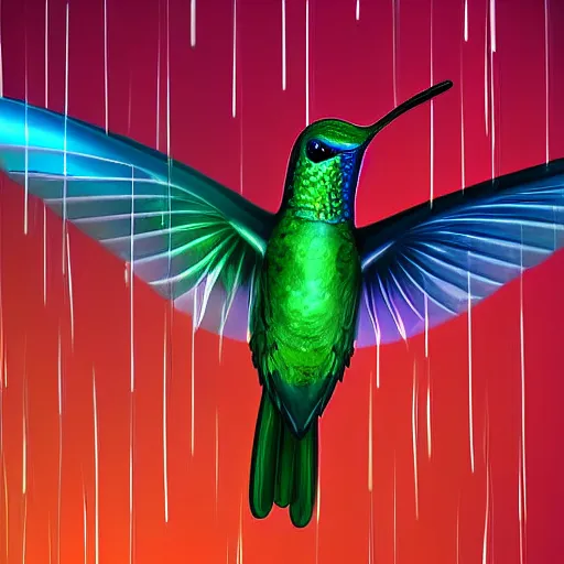 Image similar to a flaming fire hummingbird phoenix crying in the rain digital art cartoonish render raytracing