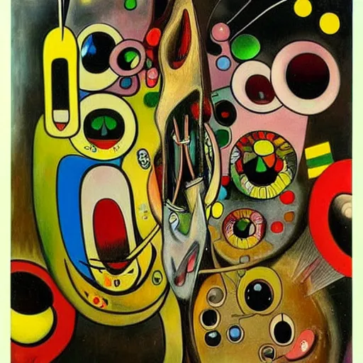 Image similar to Oil painting by Roberto Matta. Strange mechanical beings kissing. Portrait by Takashi Murakami.