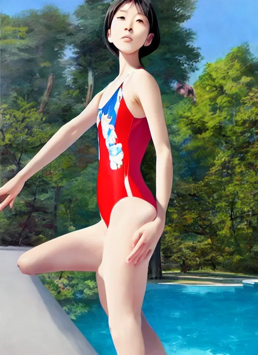 Prompt: gorgeous Japanese girl wearing sport racing competitive one piece swimsuit leotard. Worksafe, elaborate polished, trending on ArtStation, by Ilya Kuvshinov, Krenz, Cushart, Greg Rutkowski, hideo minaba, sublime-classy-dignified ambience, 16k, sharp focus, volumetric lighting. At background is pool with soft lighting by Makoto Shinkai, by Sebastian Luca from artstation