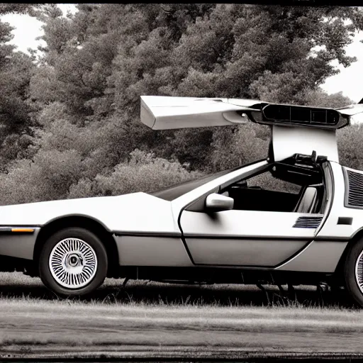 Image similar to a monochromatic sepia photograph of a delorean on the oregon trail, trending on art station,