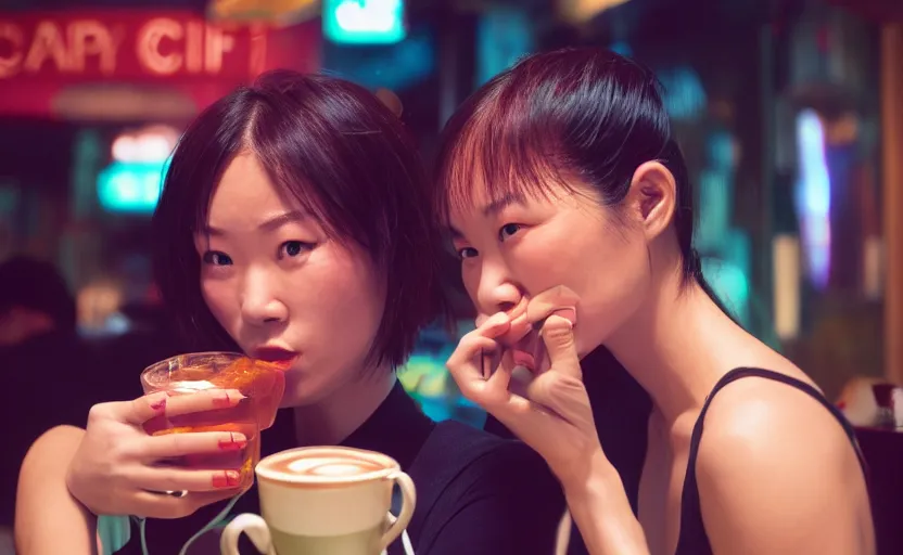 Image similar to cinestill 5 0 d photographic portrait of two android women sharing a drink at a cafe in cyberpunk china, extreme closeup, modern cyberpunk, dust storm, 8 k, hd, high resolution, 3 5 mm, f / 3 2, ultra realistic faces, intricate detail, ex machina