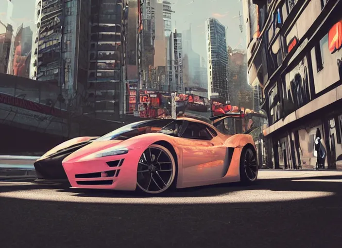 Image similar to a sport car in a city. sharp focus, cinematic pose, cinematic lighting, unreal engine render. art by josan gonzales and moebius and deathburger.