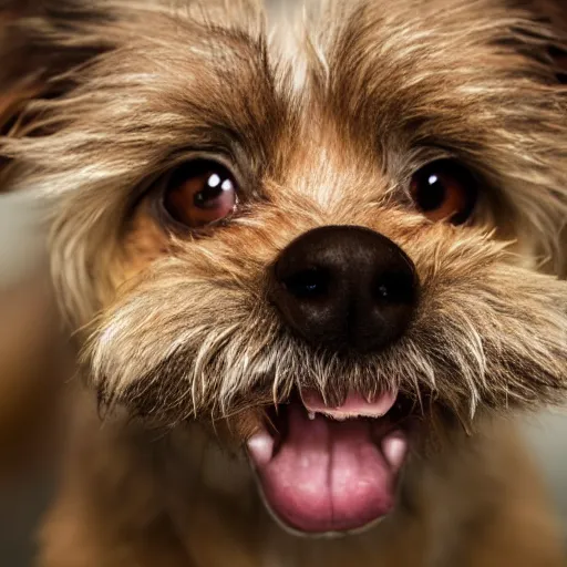 Image similar to closeup portrait of a small light brown furry dog with tongue licking its nose, natural light, sharp, detailed face, magazine, press, photo, Steve McCurry, David Lazar, Canon, Nikon, focus