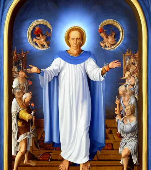 Image similar to hank hill wearing a white toga, emerging from blue fire, surrounded by blue flames, waist - up shot, renaissance religious painting, late gothic religious paintings, byzantine religious art, painting by duccio di buoninsegna and carlo crivelli, trending on artstation