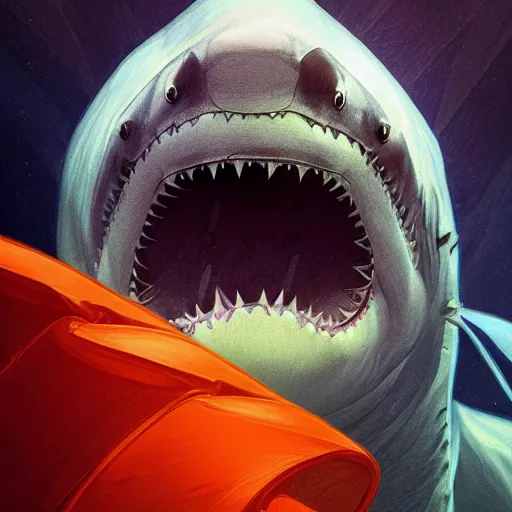 Image similar to great white shark, side view, with a silver and orange striped traffic cone construction cone on its dorsal fin, mandala background - ron cheng & alphonse mucha, highly detailed, digital painting, ray tracing, concept art, illustration, smooth sharp focus, intricate, symmetry, artstation,