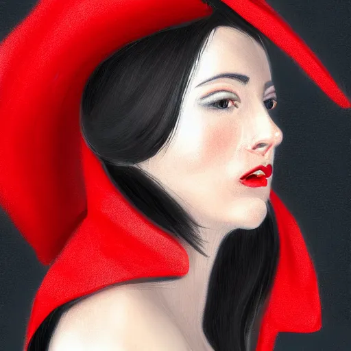 Prompt: frontal Portrait of a black haired woman with a red coat, digital painting