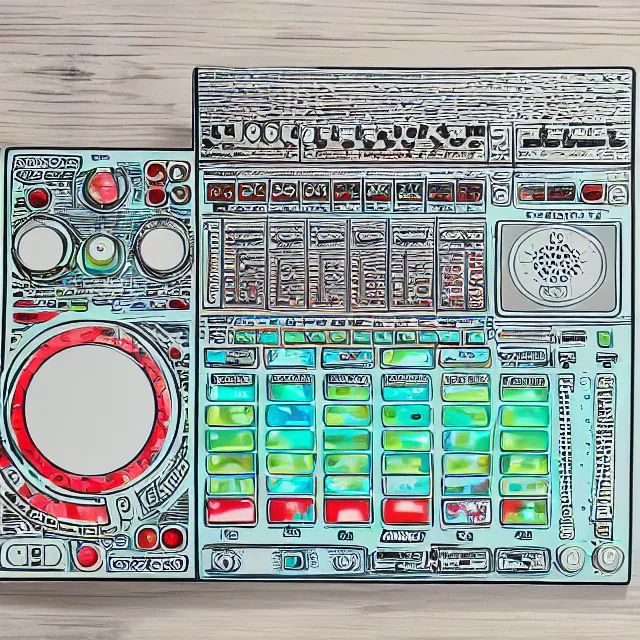 Image similar to psychodelic linocut of an Akai MPC 60. Drum pads, knobs, MPC, Maschine