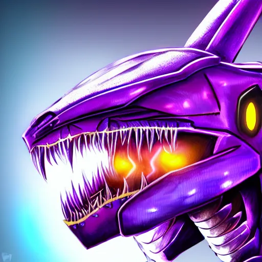 Image similar to detailed mawshot of a beautiful stunning anthropomorphic hot robot mecha female dragon, silver sharp streamlined armor, fuchsia flesh, glowing Purple LED eyes, dragon art, furry art, vore, furaffinity, DeviantArt, Eka's Portal, G6